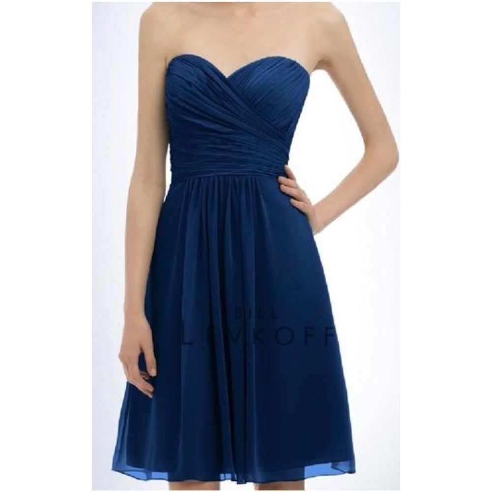 Bill Levkoff Chiffon‎ Strapless Cocktail Dress Sweetheart Neckline Navy Dress 10